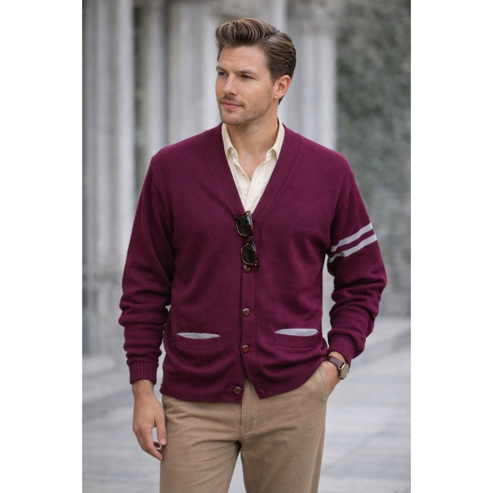 Vintage Cardigan Men M Burgundy Wool Letterman Sweater Varsity Academia Vintage